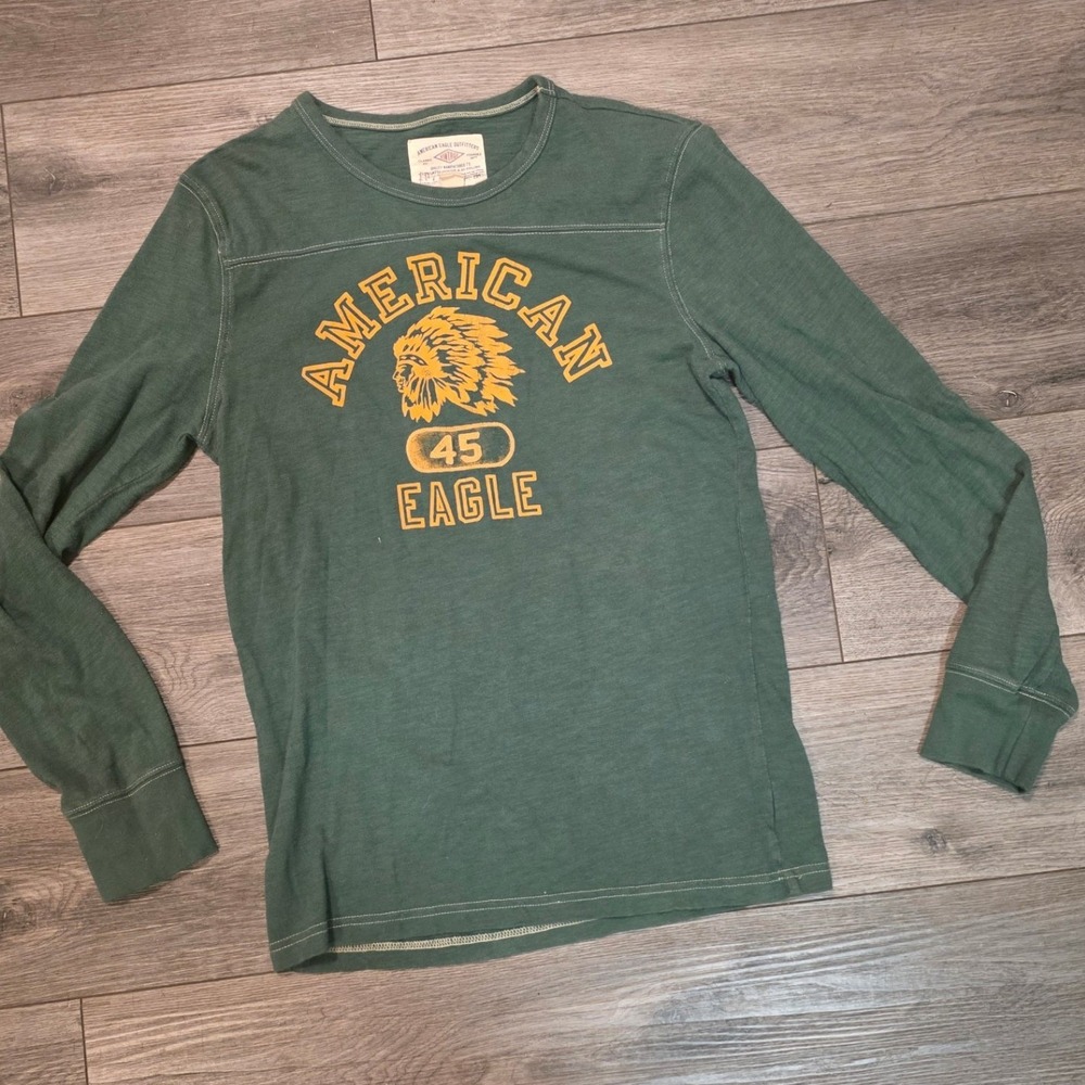 American Eagle Mens S Long Sleeve Graphic Tee Green Vintage 45 Eagle 4315717397
